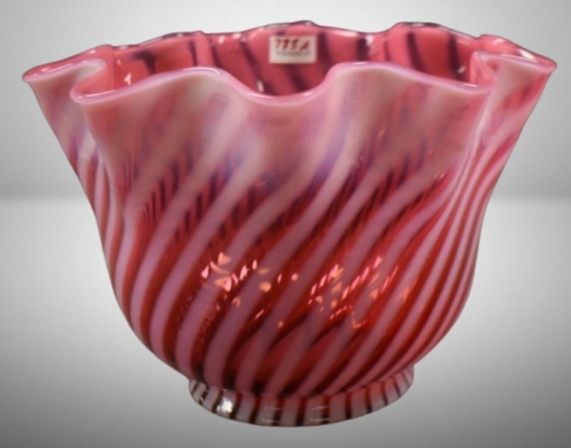 Fenton cranberry opalescent lamp shade in Swirl pattern