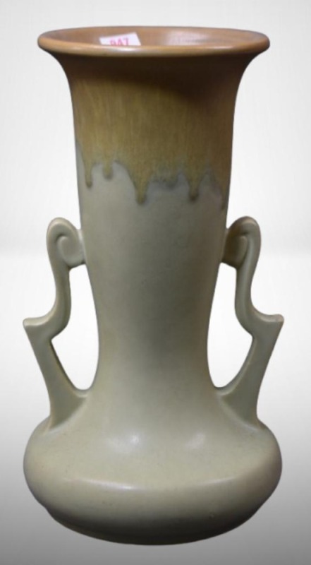 Roseville Carnelian I 10" dbl. handled vase, green w/ mustard drip