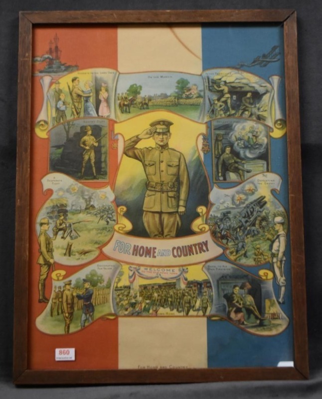 Vintage print titled "For Home and Country", copyright 1917 by James Lee, Chicago