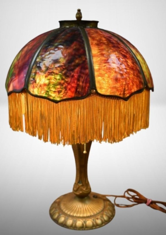 Leaded glass 21"h table lamp, dark glass panel inserts