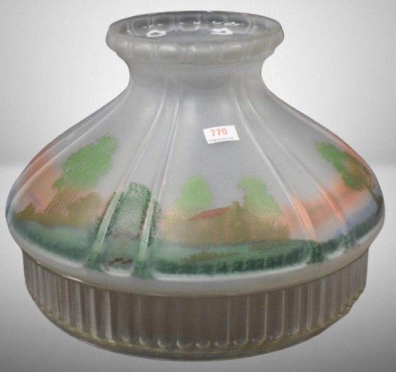 Aladdin 01105 10" fitter lamp shade, reverse painted log cabin/ landscape scene