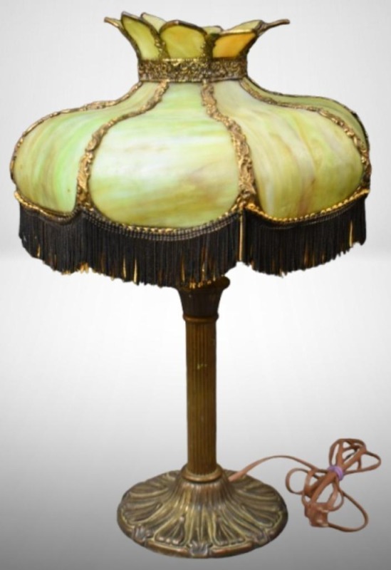 Leaded glass 21"h table lamp, green glass panel inserts