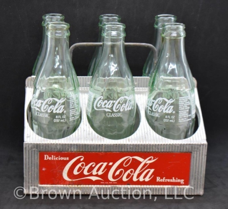 1950's Coca-Cola aluminum metal 6-pack bottle carrier + bottles