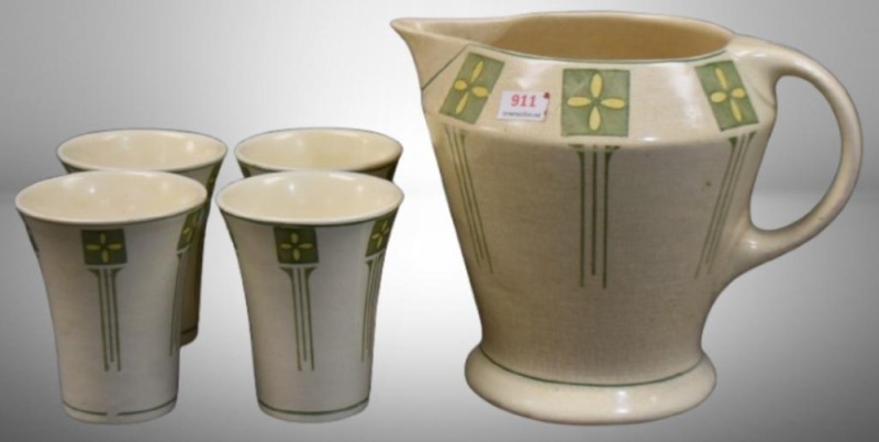 Roseville Creamware Arts and Crafts 6.5" lemonade pitcher and (4) 4" tumblers