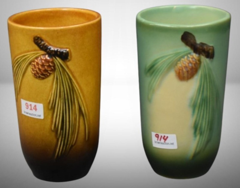 (2) Roseville Pine Cone 414-5" tumblers, brown and green