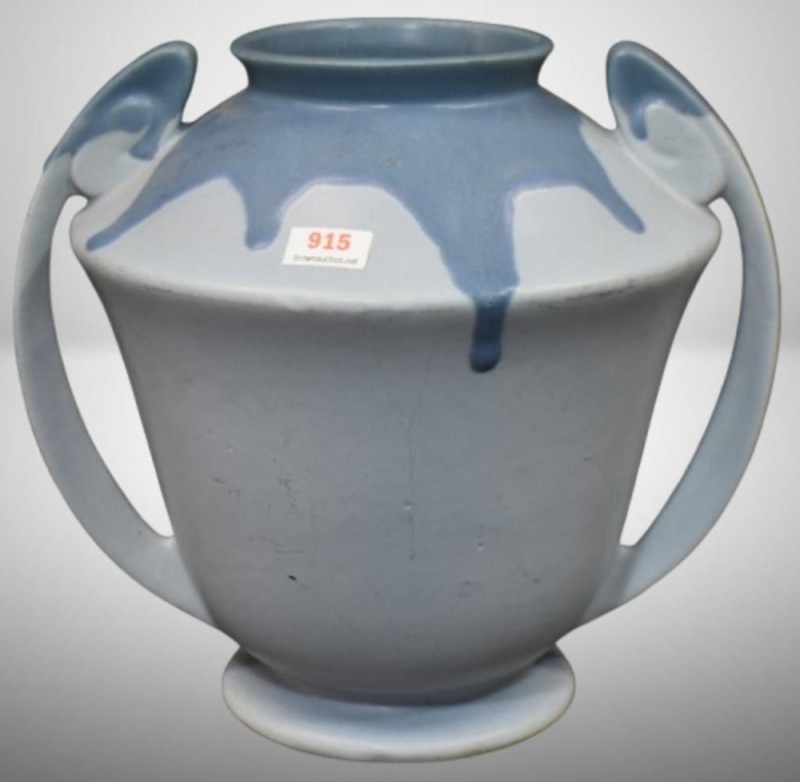 Roseville Carnelian I 334-8" vase, dark blue drip over lt. blue
