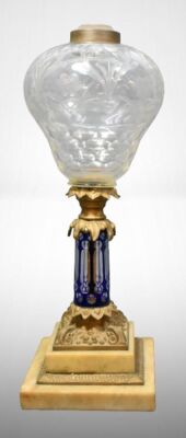 Crystal etched and engraved kerosene lamp on ornate metal and marble base, cobalt cut-to-clear stem