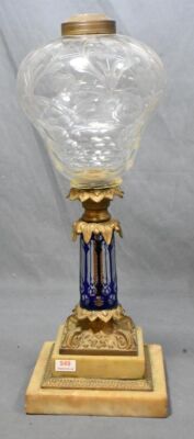 Crystal etched and engraved kerosene lamp on ornate metal and marble base, cobalt cut-to-clear stem - 2