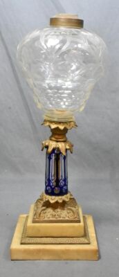 Crystal etched and engraved kerosene lamp on ornate metal and marble base, cobalt cut-to-clear stem - 3