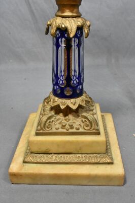 Crystal etched and engraved kerosene lamp on ornate metal and marble base, cobalt cut-to-clear stem - 4