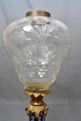 Crystal etched and engraved kerosene lamp on ornate metal and marble base, cobalt cut-to-clear stem - 5