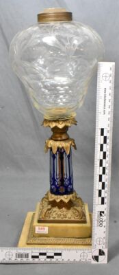Crystal etched and engraved kerosene lamp on ornate metal and marble base, cobalt cut-to-clear stem - 7