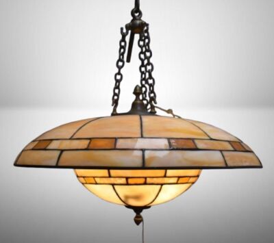 Art Deco hanging leaded glass lamp, flying saucer look