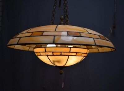 Art Deco hanging leaded glass lamp, flying saucer look - 2