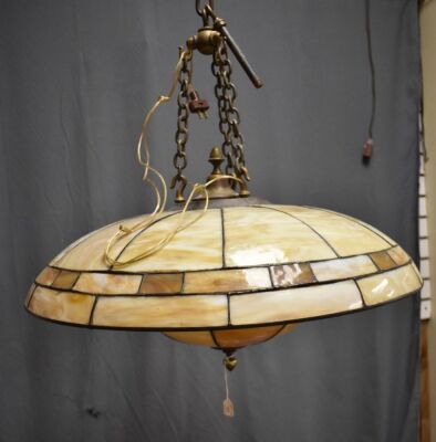 Art Deco hanging leaded glass lamp, flying saucer look - 3