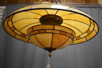 Art Deco hanging leaded glass lamp, flying saucer look - 5