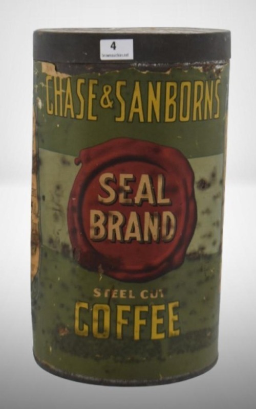 Chase and Sanborns Seal Brand steel cut coffee can w/ lid