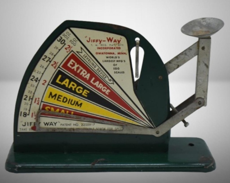 "Jiffy-Way" egg scale, 18-30 oz. w/ color-coded size labels