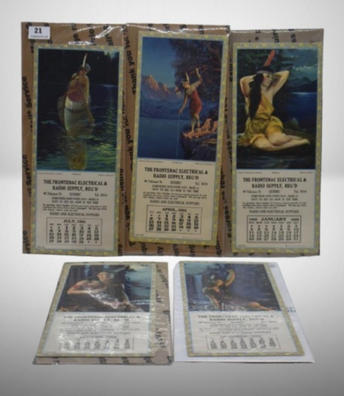 (5) Frontenac Electrical and Radio Supply advertising calendars, Indian Princess Series (April, July, Aug., Oct. 1924; January 1925)