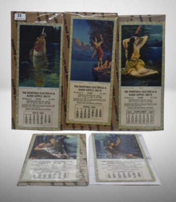 (5) Frontenac Electrical and Radio Supply advertising calendars, Indian Princess Series (April, July, Aug., Oct. 1924; January 1925)