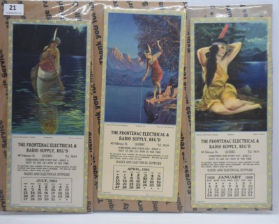 (5) Frontenac Electrical and Radio Supply advertising calendars, Indian Princess Series (April, July, Aug., Oct. 1924; January 1925) - 2