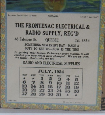 (5) Frontenac Electrical and Radio Supply advertising calendars, Indian Princess Series (April, July, Aug., Oct. 1924; January 1925) - 4