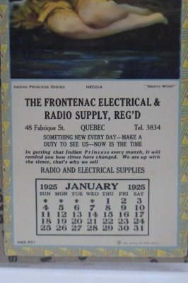 (5) Frontenac Electrical and Radio Supply advertising calendars, Indian Princess Series (April, July, Aug., Oct. 1924; January 1925) - 7