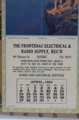 (5) Frontenac Electrical and Radio Supply advertising calendars, Indian Princess Series (April, July, Aug., Oct. 1924; January 1925) - 10