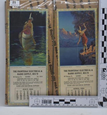 (5) Frontenac Electrical and Radio Supply advertising calendars, Indian Princess Series (April, July, Aug., Oct. 1924; January 1925) - 17