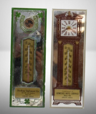 (2) Kansas mirrored advertising thermometers: Geneseo Auto Service and Sterling Implement Co.