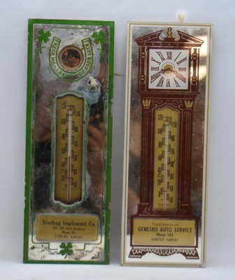 (2) Kansas mirrored advertising thermometers: Geneseo Auto Service and Sterling Implement Co. - 2