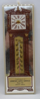 (2) Kansas mirrored advertising thermometers: Geneseo Auto Service and Sterling Implement Co. - 6