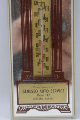 (2) Kansas mirrored advertising thermometers: Geneseo Auto Service and Sterling Implement Co. - 8
