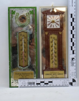 (2) Kansas mirrored advertising thermometers: Geneseo Auto Service and Sterling Implement Co. - 11