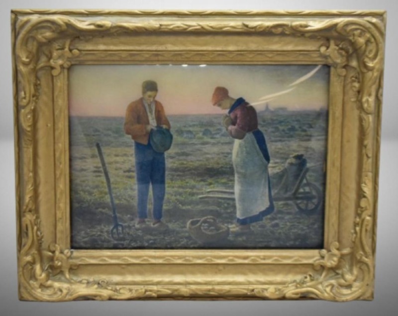 1900's Jean Francois Millet "Angelus Praying Farmers" print w/ bubble glass