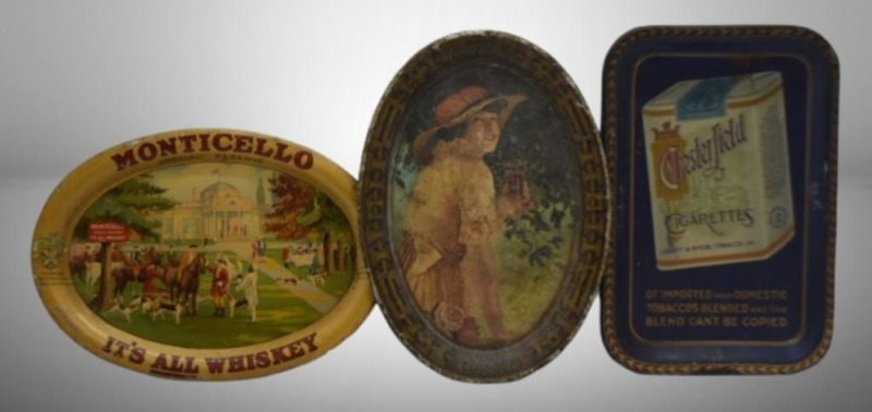 (3) Tip trays: Chesterfield Cigarettes, Coca-cola and Monticello Whiskey