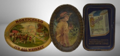 (3) Tip trays: Chesterfield Cigarettes, Coca-cola and Monticello Whiskey