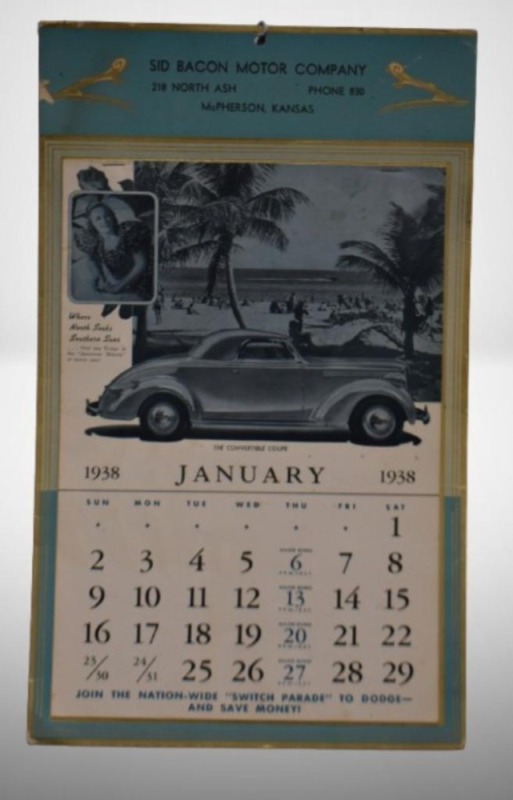 1938 Advertising calendar - Sid Bacon Motor Co., McPherson, KS, different automobile featured for each month
