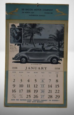 1938 Advertising calendar - Sid Bacon Motor Co., McPherson, KS, different automobile featured for each month