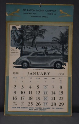 1938 Advertising calendar - Sid Bacon Motor Co., McPherson, KS, different automobile featured for each month - 2