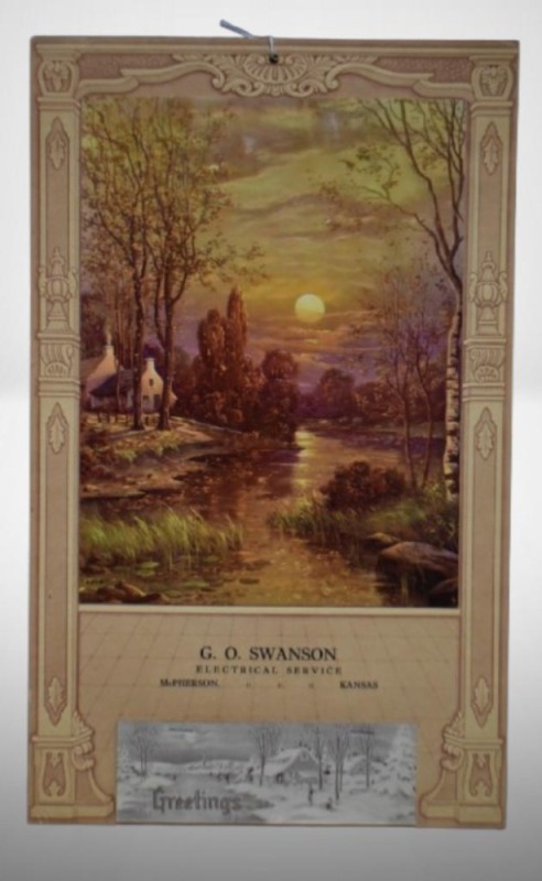 1943 Advertising calendar - G.E. Swanson Electrical Service, McPherson, KS (under picture is "Convenient Telephone Numbers" page)