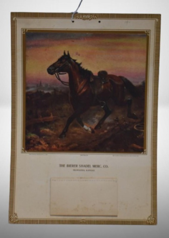 1918 Advertising calendar - The Bierer Shadel Merc. Co., Hiawatha, KS, "Masterless" from original R.A. Fox painting