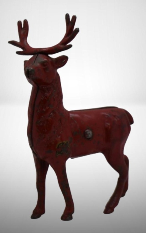 Cast Iron Reindeer still bank, painted red