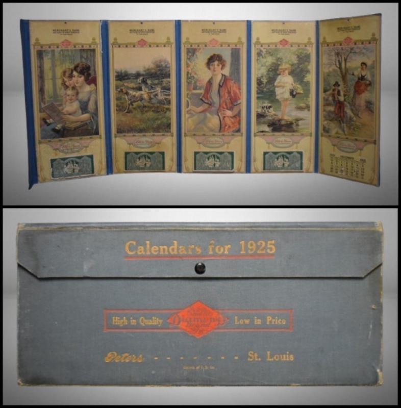 1925 Salesman's full size samples of (5) business advertising calendars in folding holder