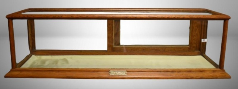 Kansas City Show Case and Store Fixture Works counter top wood display case w/ glass all around (top glass cracked)