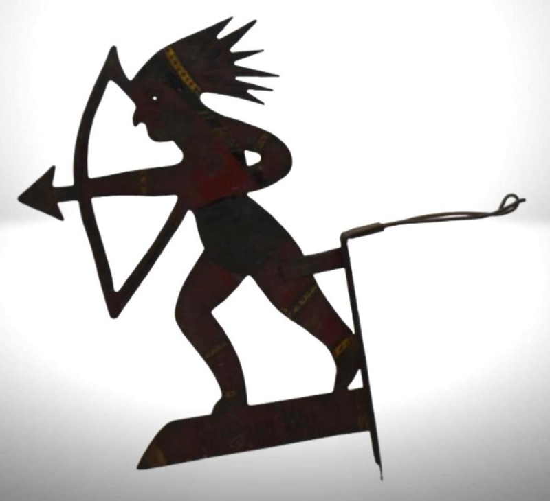 Early tin Indian shooting arrow advertising piece, Shawano, Wis.