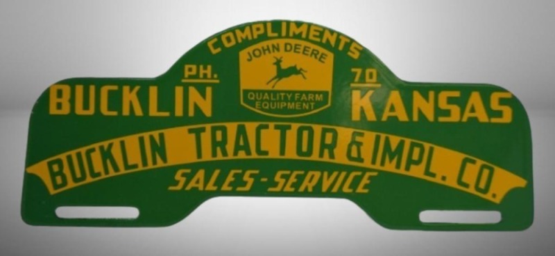 John Deere BTI porcelain license plate topper, Bucklin, KS