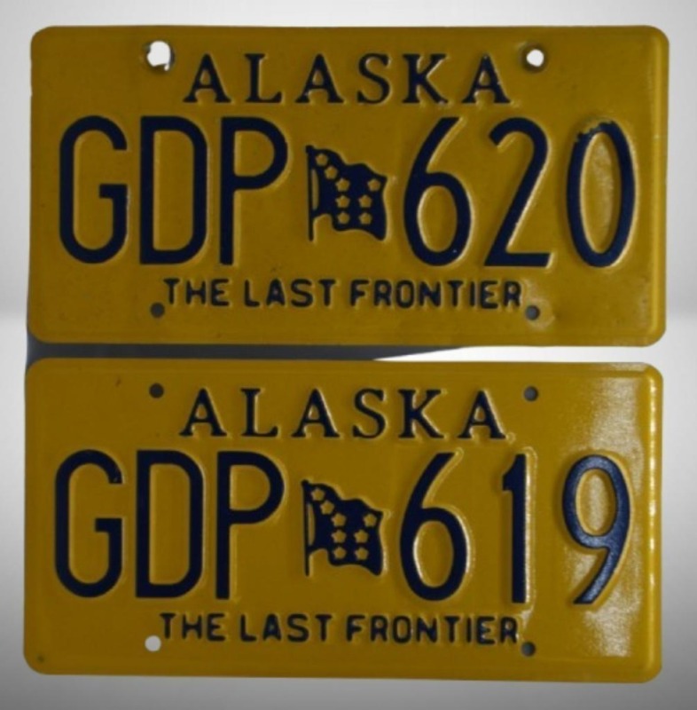 (2) Alaska/ The Last Frontier license tags: GDP 619 and 620