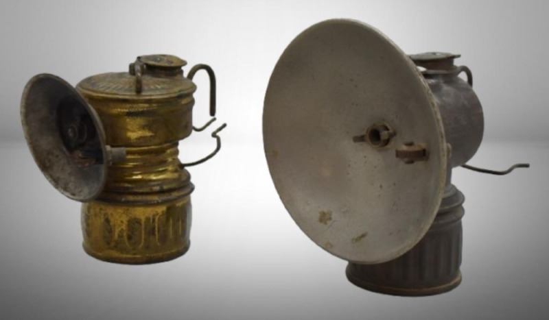 (2) Coal miner's carbide head lamps: Justrite w/ 4" reflector; Shanklin w/ 2.5" reflector