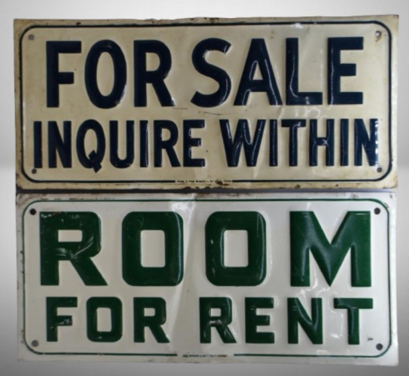 (2) Embossed metal signs: Room for Rent and For Sale/ Inquire Within